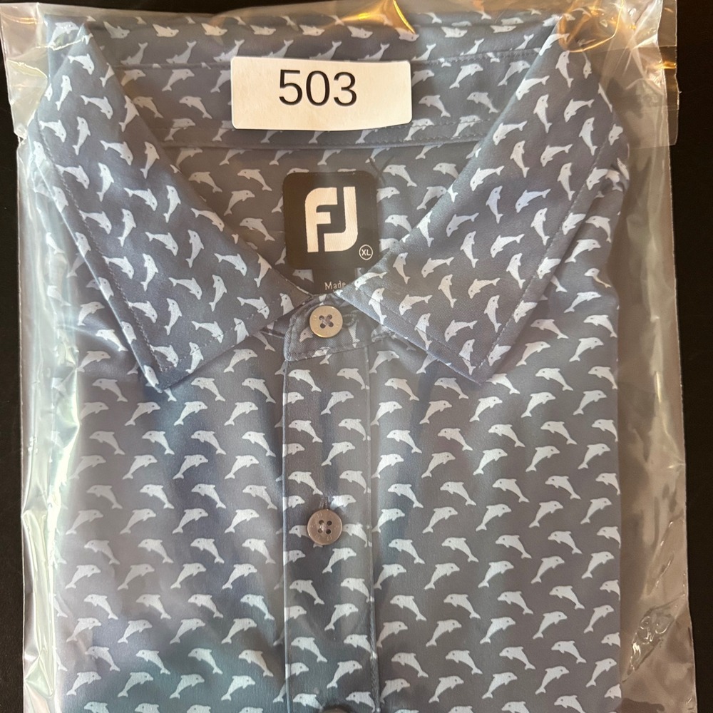 FootJoy Mens XL Blue Dolphin Print Golf Polo Shirt Tetherow Logo Performance - Picture 10 of 10